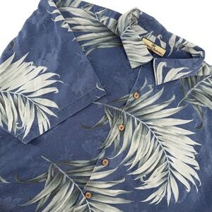 Tommy Bahama Mens Silk Hawaiian Shirt Blue Palm Tree Print XL Button Up Beach